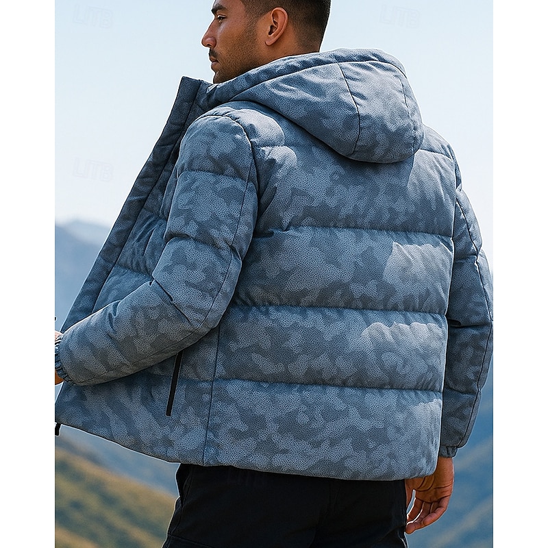 Men's Puffer Jacket Outdoor Thermal Warm Hiking Outfits Hiking Clothes Winter Autumn / Fall Top Camping / Hiking / Caving Running Printing Black Blue Grey2