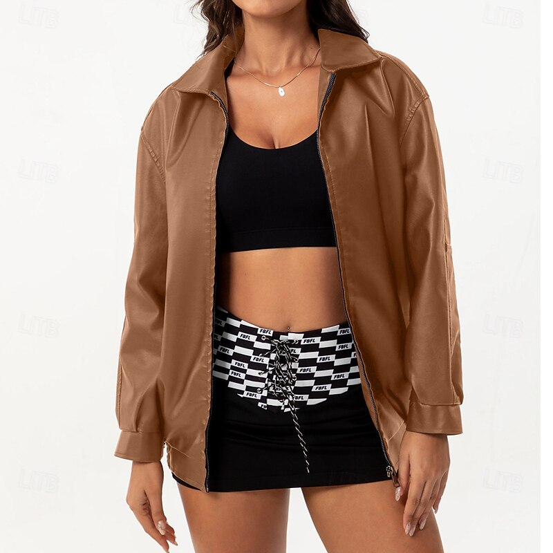 Women's Faux Leather Jacket Comfortable Full Zip Fashion Street Style Plain Outdoor Casual Daily Regular Turndown Regular Fit Long Sleeve Outerwear Black Pink Burgundy Spring Fall3