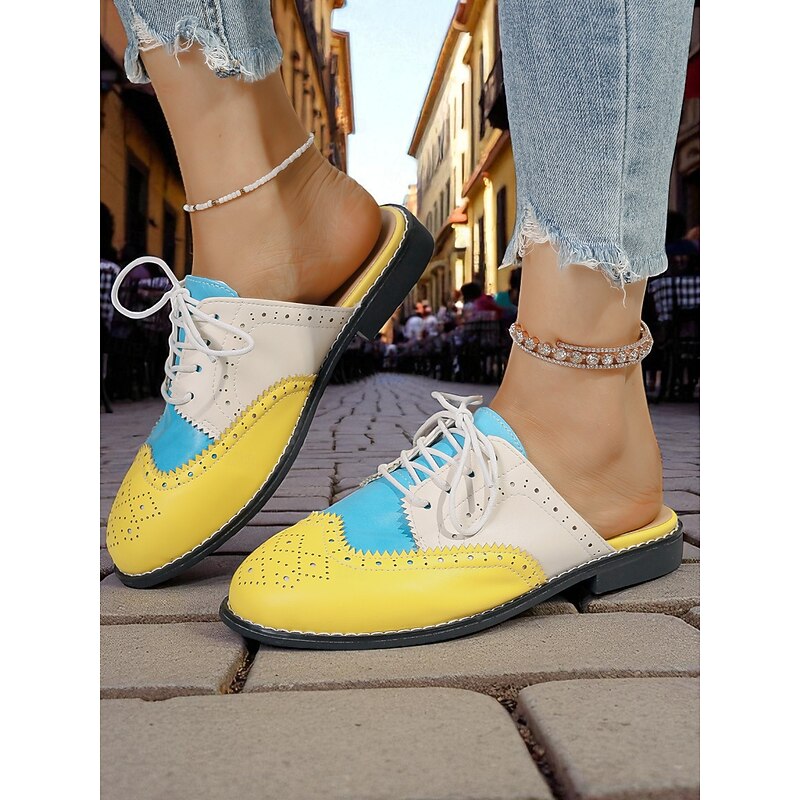 Women's 1950s Vintage Colorblock Wingtip Mule Oxford Shoes - Yellow Blue Slip-On Lace-Up Flats for Casual Street Style, Outings and Weekend Travel3