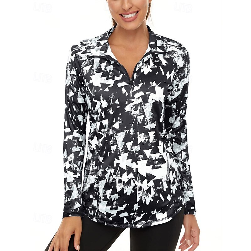 Women's Geometric Golf Polo Shirt Tennis Shirt Long Sleeve Print Quarter Zip Pullover UV Protection Elastic Breathable Tennis Golf Pickleball Zip Collar Shirt Polo Black Purple Tennis Clothing