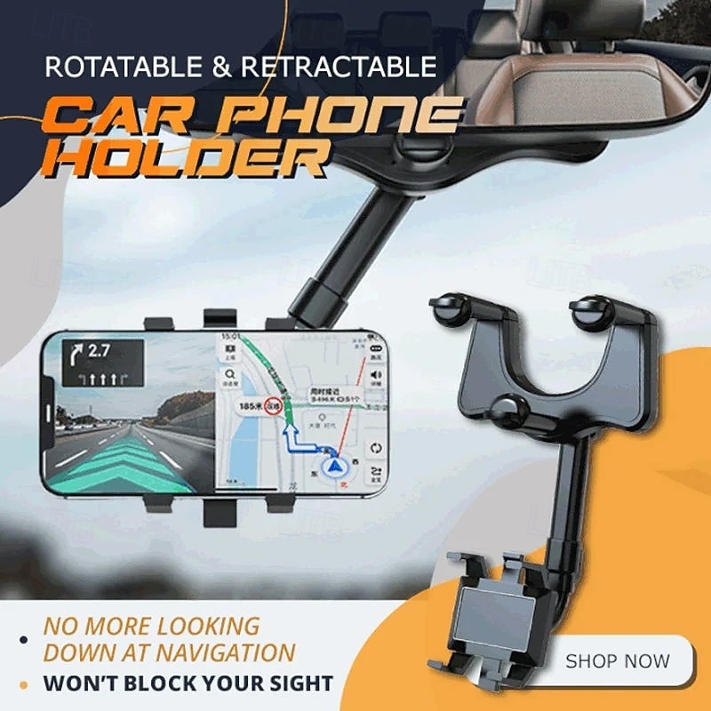 Rotatable And Retractable Car Phone Holder Rearview Mirror Mount Multifunction Adjustable Bracket Universal 360 Degree Rotation Stand for GPS Navigation and Smartphones