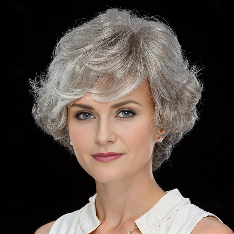 Short Curly Fluffy Wig Silver Mixed Brown Layered Messy Shaggy Synthetic Hair Wig for Women Old Lady