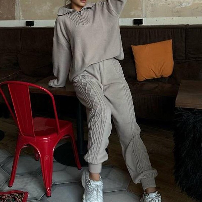 Women's Sweatpants Knitted Suit Quarter Zipper Solid Colored Clothing Suit Fall & Winter White Red Gym Training Running High Waist Windproof Moisture Wicking Long Sleeve Sport Activewear Micro-elastic2