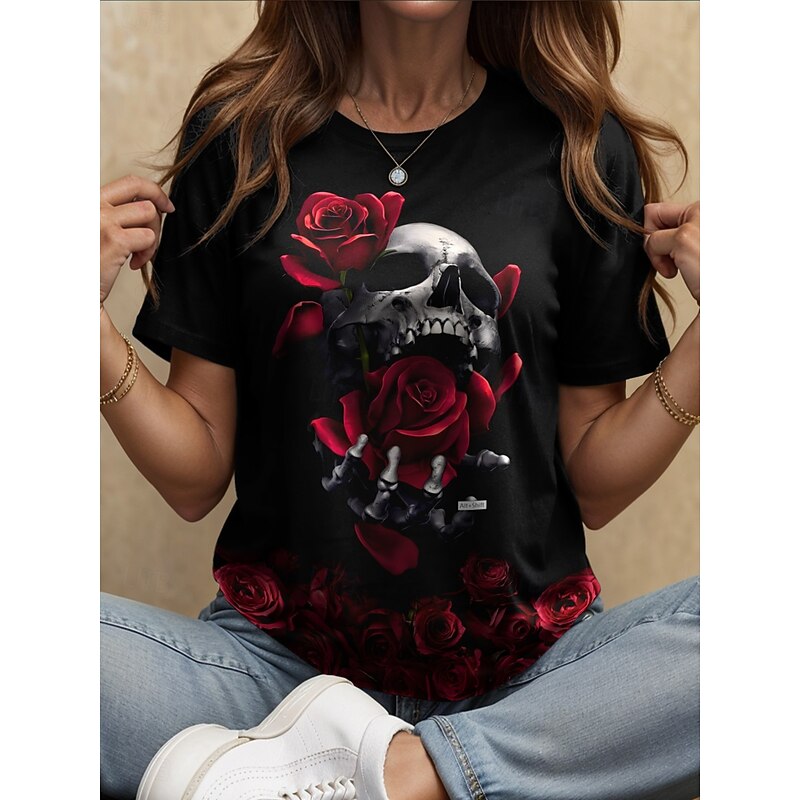 Halloween Women's T Shirt Skulls Floral Graphic Vintage Stylish Classic Short Sleeve Crew Neck Round Neck Regular Tops Daily Weekend Print Black and White Black Yellow Red Blue Summer Fall