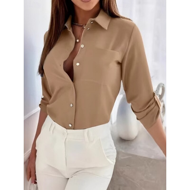Women's Shirt Button Down Blouse Solid Color Stylish Casual Long Sleeve Shirt Button Down Blouse Collar Regular Tops Daily Buttons Black Sky Blue Fuchsia Brown Khaki Summer Spring Fall4