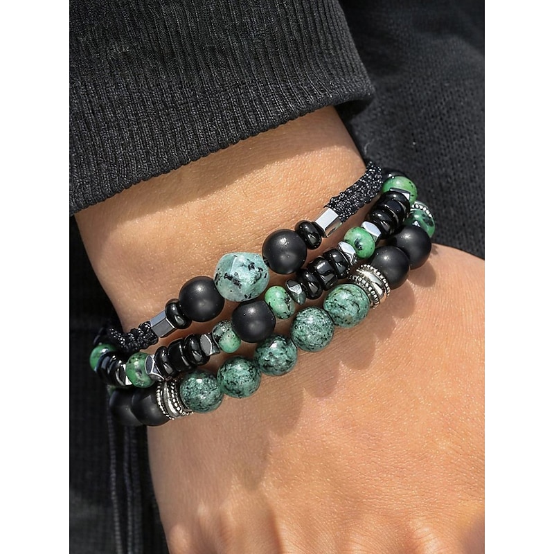 Men's Green Stone Beaded Bracelet Set – 3-Piece Adjustable Natural Stone & Alloy Wristbands for Boho Style, Ideal for Daily Wear, Gifts and Festivals