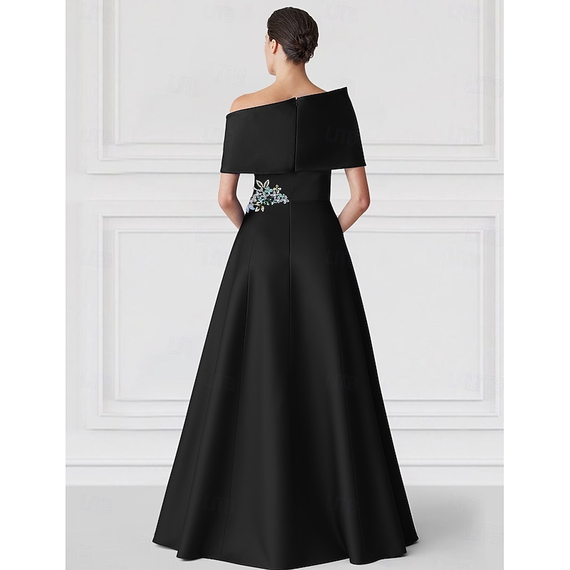 A-Line Evening Gown Elegant Dress Formal Wedding Floor Length Short Sleeve Off ShoulderMother Of the Bride Dress Satin with Glitter Pocket3