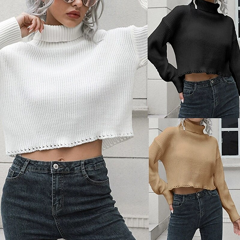 Women's Pullover Casual Solid Color Chunky Turtleneck Knitted Long Sleeve Crop Tops Knit Daily Holiday Going out Black White Fall Winter