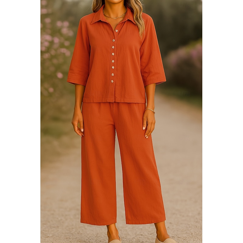 Women's Elegant Fashion Streetwear Cotton Linen Sets 3/4 Length Sleeve Shirt Collar Solid Color Outdoor Work Casual Orange Brown Khaki Summer Regular Fit