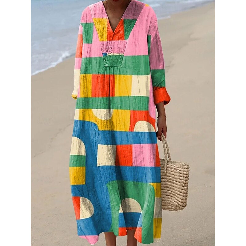 Women's Midi Dress V Neck Long Sleeve Kaftan Lightweight Loose Fit A Line Dress Casual Boho Party Loose Fit Graphic Geometric Abstract Long Sleeve V Neck Pink Red Blue Orange Fall