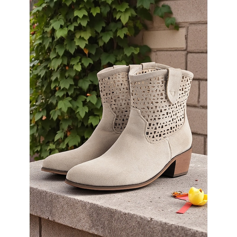 Women's Almond Faux Suede Ankle Boots – Cutout Western Cowboy Booties with Low Block Heel for Fall Outfits, Farm Trips and Casual Weekend Outings4