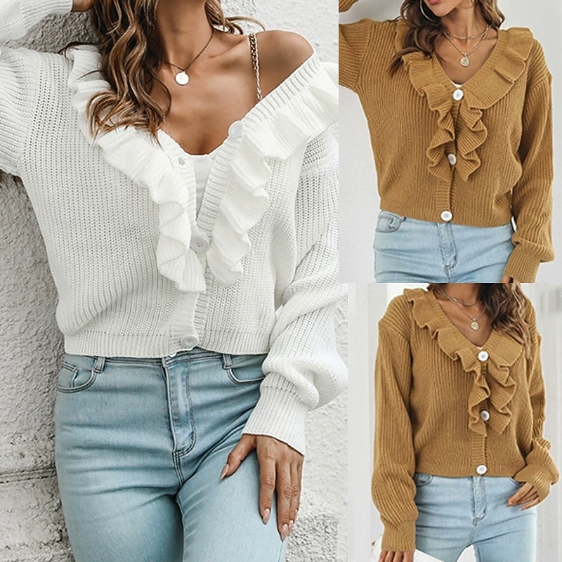 Women's Cardigan Casual Solid Color Chunky V Neck Ruffle Knitted Long Sleeve Regular Tops Knit Daily Holiday Going out White Ginger Fall Winter