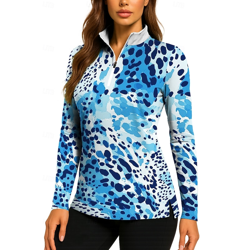 Women's Leopard Gradient Tops Golf Polo Shirt Tennis Shirt Tennis Tee Long Sleeve Print Quarter Zip Pullover UV Protection Elastic Breathable Tennis Golf Pickleball Stand Collar Zip Collar Shirt Polo