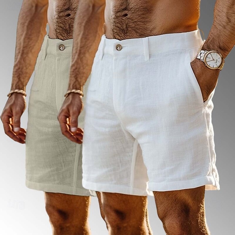 Men's Shorts Linen Shorts Dress Shorts Summer Shorts Beach Shorts Pocket Buttons Straight Leg Plain Comfort Breathable Knee Length Outdoor Casual Daily Fashion Streetwear White+khaki White+Navy Blue2