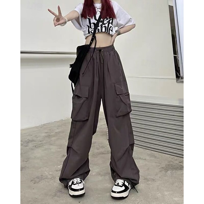 Women's Cargo Pants Slacks Streetwear Casual Full Length Natural Plain Pocket Elastic Drawstring Design Comfortable Street Daily Wear Weekend claret Apricot Grey Black Fall Regular Fit3