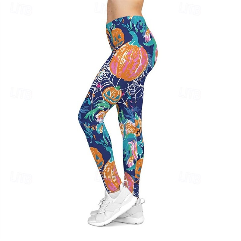 Women's Pants Trousers Leggings Streetwear Casual Full Length High WaistPantsHalloween Pumpkin Elastic Waist Print Breathability Comfortable Stretchy Vacation Street Daily Wear Blue Spring Fall2