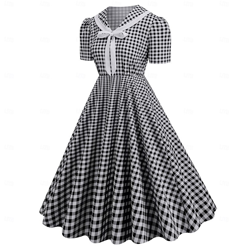 Retro Vintage 1950s Rockabilly Swing Dress Flare Dress Fit and Flare Plaid Polka Dot V Neck Fancy Dress Women's Halloween Carnival Vacation Casual Daily Retro Theme Party Adults Dress Spring & Summer2