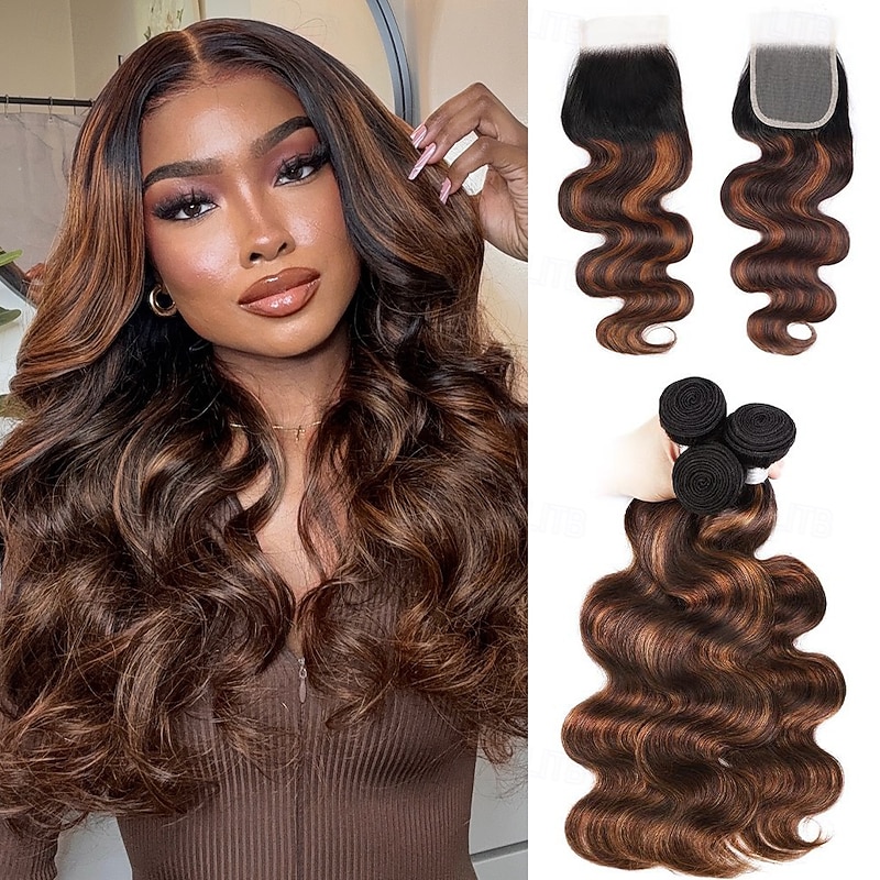 3 Bundle with Closure Human Hair Extension Hair T1B-4/30# Body Wave Human Hair 12-28 Inch For Black Women - Main Image