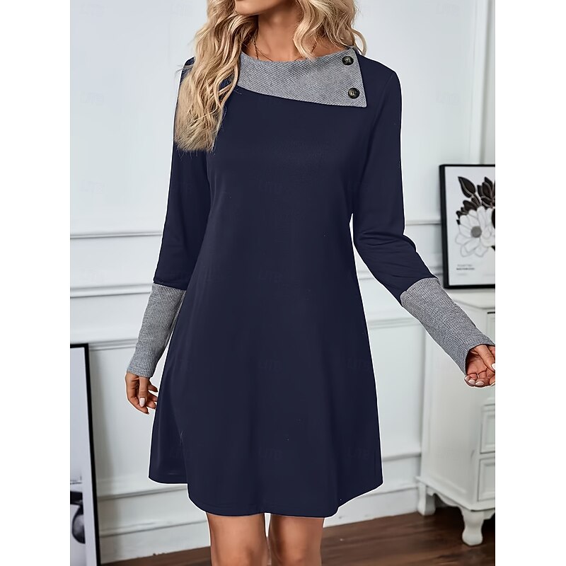 Women's Mini Dress Print Dress Fashion Modern Daily Going out Weekend Loose Fit Color Block Long Sleeve Crew Neck Black Navy Blue Spring Fall