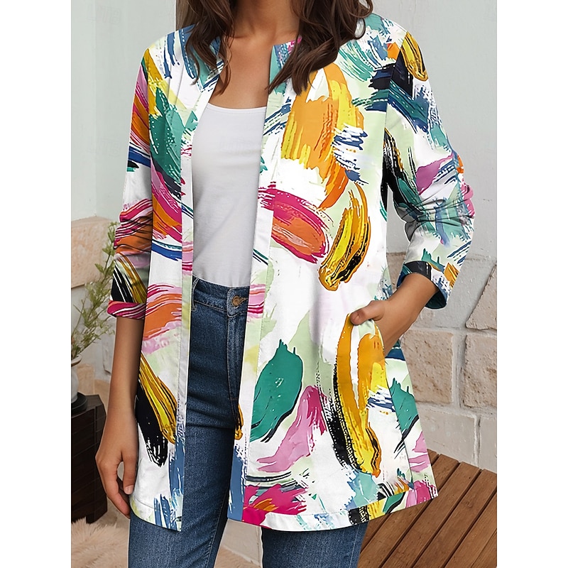 Women's Blazer Work Fall Winter Regular Coat Regular Fit Breathable Elegant Artistic Style Boho Vintage Jacket Long Sleeve Geometric Print Open Front Yellow Pink Blue3