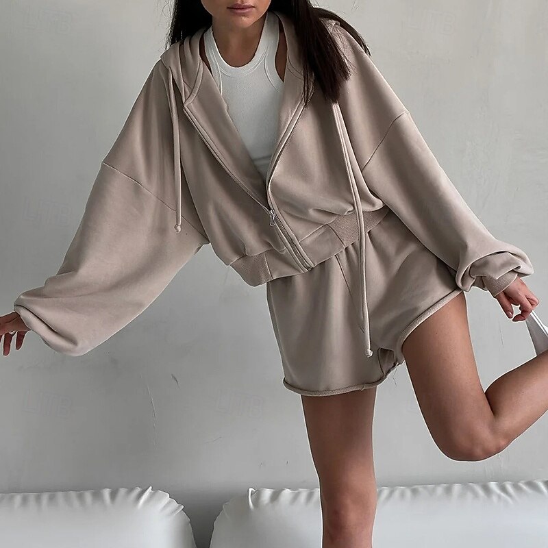 Women's Tracksuit Zip Up Hoodie Short Sweatpant Drawstring Pocket Solid Colored Clothing Suit Spring Black Army Green Gym Training Running High Waist Windproof Lightweight Moisture Wicking Long Sleeve3