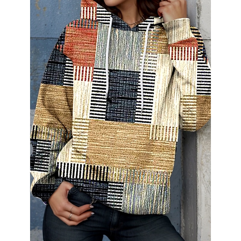Women's Hoodie Pullover Sweatshirt Oversized Long Sleeve Casual Graphic Geometric Warm Active Hooded Regular Tops Street Dailywear Patchwork Print Khaki Spring Fall Winter