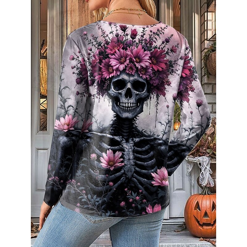 Halloween Women's T Shirt Skulls Crew Neck Long Sleeve Tunic Floral Graphic Vintage Stylish Regular Tops Daily Print Pink Purple Orange Green Fall2