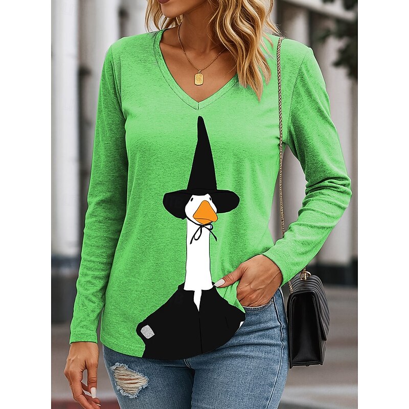 Halloween Women's T Shirt V Neck Long Sleeve Tunic Graphic Halloween Duck Elegant Vintage Stylish Regular Tops Daily Going out Weekend Print Blue Purple Green Khaki Spring Fall