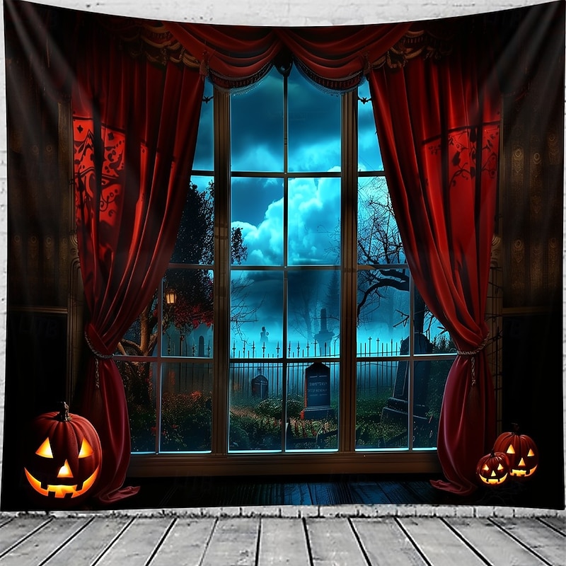 Halloween Gothic Window View Wall Tapestry – Red Curtain Stage with Spooky Moonlit Night Scene, Horror Backdrop for 2025 Halloween Living Room, Bedroom, Haunted House Decoration4