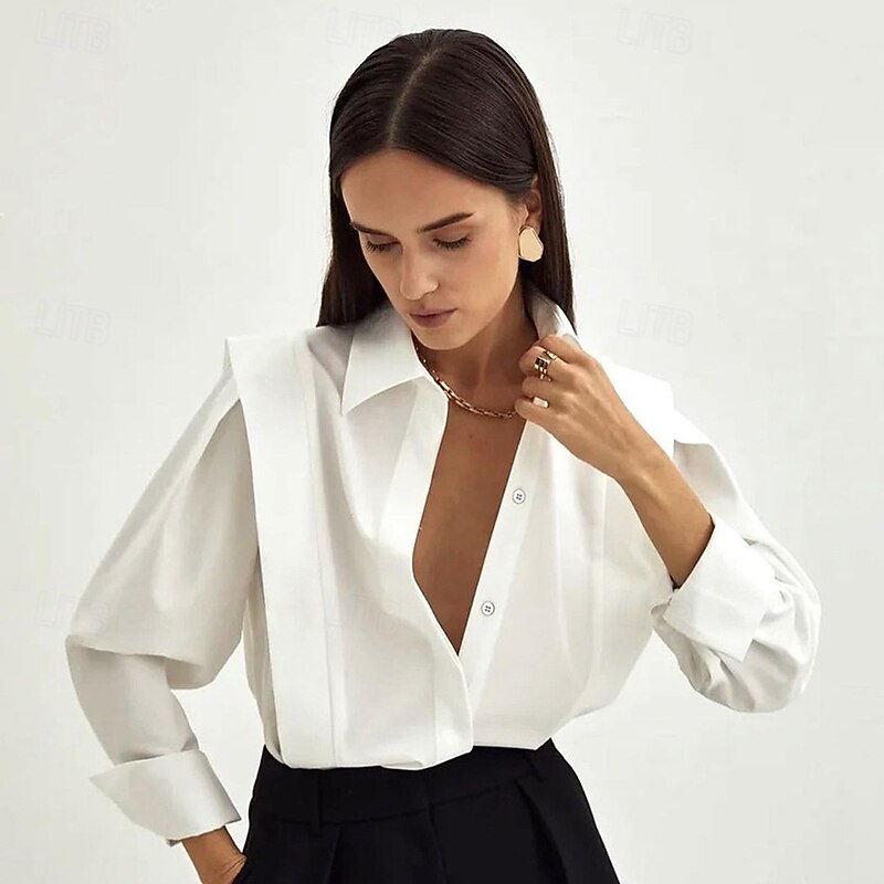 Women's Shirt Solid Color Elegant Daily Stylish Long Sleeve Puff Sleeve Shirt Collar Regular Tops Work Daily Holiday Ruched Black White Spring Fall2