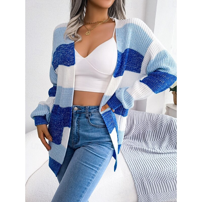 Women's Sweater Cardigan Elegant Fashion Streetwear Striped Pure Color Open Front Knitted Long Sleeve Regular Tops Knit Outdoor Daily Weekend Black Wine Fall Winter2