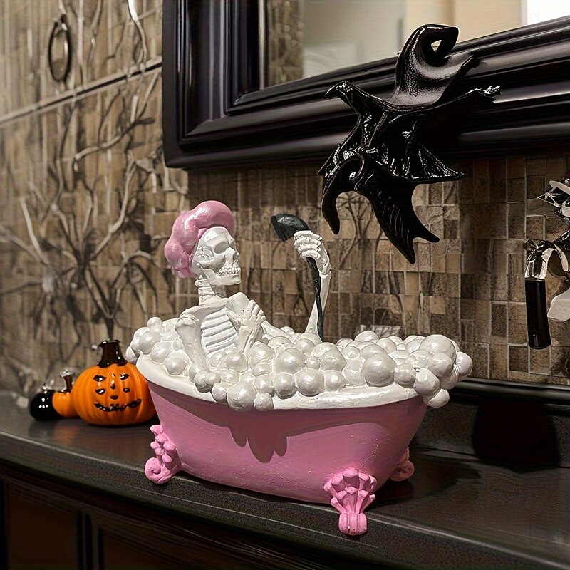 Bathing Pink Bathtub Skeleton Character Statue Resin Gothic Skull Sculpture with Bubble Bath Ornament for Bathroom Home Office Desk Decoration3