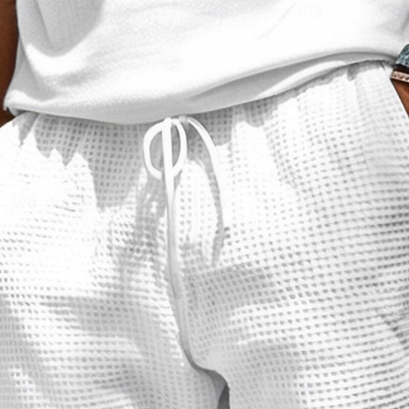 Men's Waffle Sweat Shorts Shorts Bermuda shorts Beach Shorts Elastic Waist Plain Comfort Sports Knee Length Yoga Daily Beach Vacation Ethnic Style White Blue Stretchy2