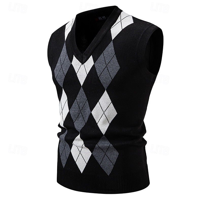 Men's Sweater Sweater Vest Pullover Sweater Jumper Ribbed Knit Regular Tops Knitted Slim Fit Argyle V Neck Knitwear Vintage Casual Daily Wear Clothing Apparel Fall Black Navy Blue M L XL4