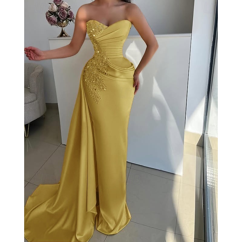 Mermaid / Trumpet Evening Gown Elegant Dress Formal Wedding Floor Length Sleeveless StraplessMother Of the Bride Dress Satin with Rhinestone Glitter Ruched