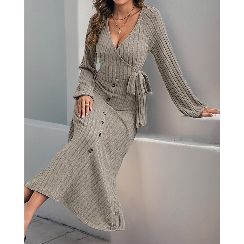 Women's Midi Dress Knit Dress Casual Dress Fashion Modern Daily Date Weekend Regular Fit Plain Long Sleeve V Neck Khaki Fall Winter4