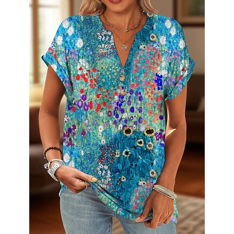 Women's Blouse V Neck Floral Graphic Vintage Stylish Casual Short Sleeve Regular Tops Daily Buttons Print Red Blue Green Red and Pink Red / Blue Summer Spring2