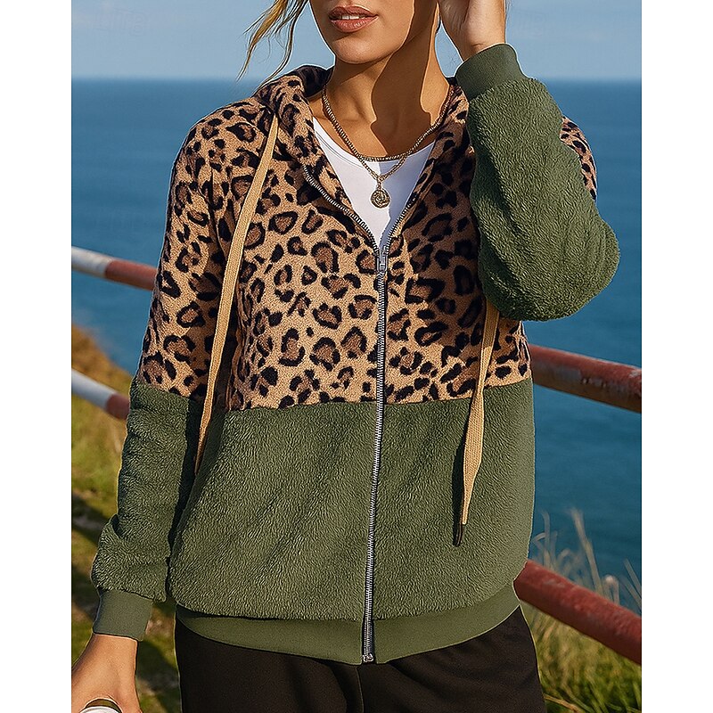 Women's Outdoor Recreation Coatv Polar Soft Fleece Jacket Drawstring Hooded Long Sleeve Top Athleisure Leopard prints Windproof Lightweight Warm Hiking Workout Athletic Sportswear Activewear White
