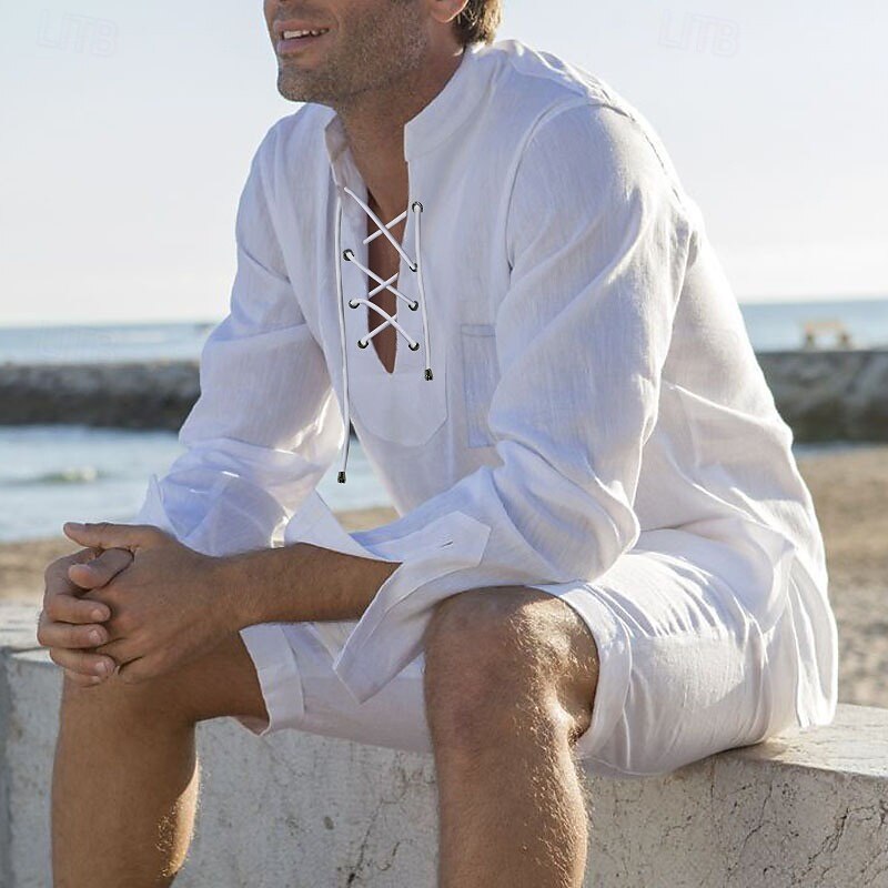 Men's Cotton Linen Shirt White Cotton Shirt Summer Shirt Casual Shirt Plain Casual Daily White Long Sleeve V Neck Spring & Summer Clothing Apparel Drawstring3