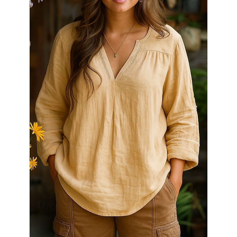 Women's Shirt Plain Daily Long Sleeve V Neck Regular Tops Work Holiday Ruched Yellow Pink Blue Purple Spring Fall3