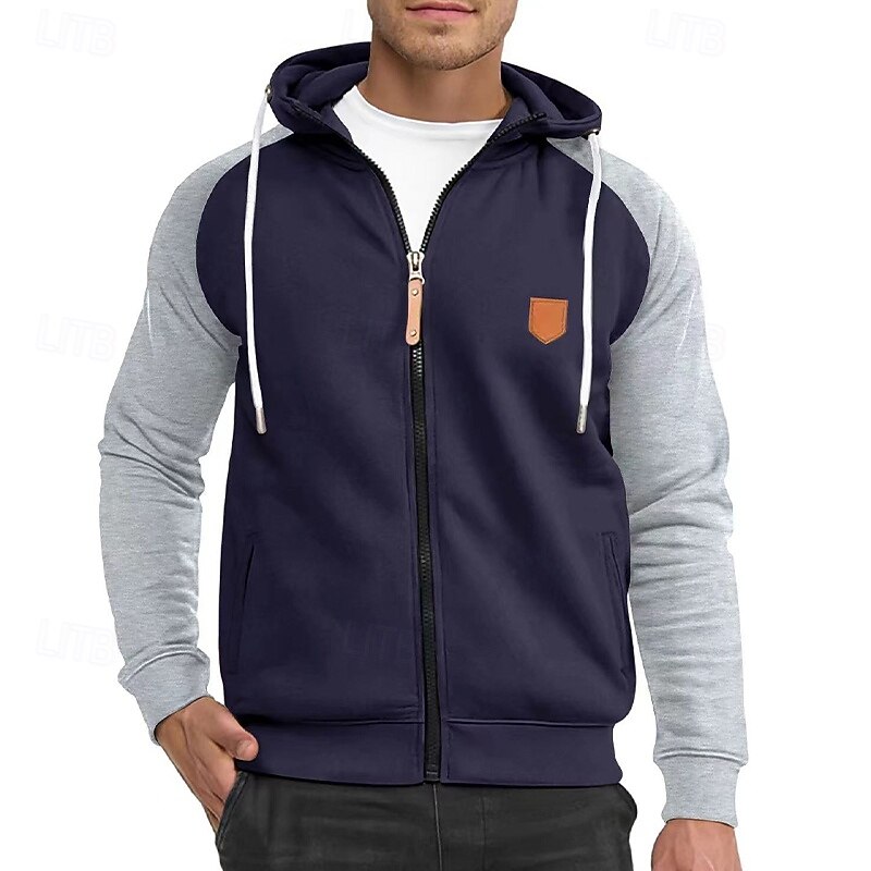 Men's Hoodie Full Zip Hoodie Fleece Hoodie Black Navy Blue Camel Light Grey Dark Gray Hooded Plain Patchwork Color Block Sports & Outdoor Casual Daily Streetwear Cool Sportswear Spring &  Fall2