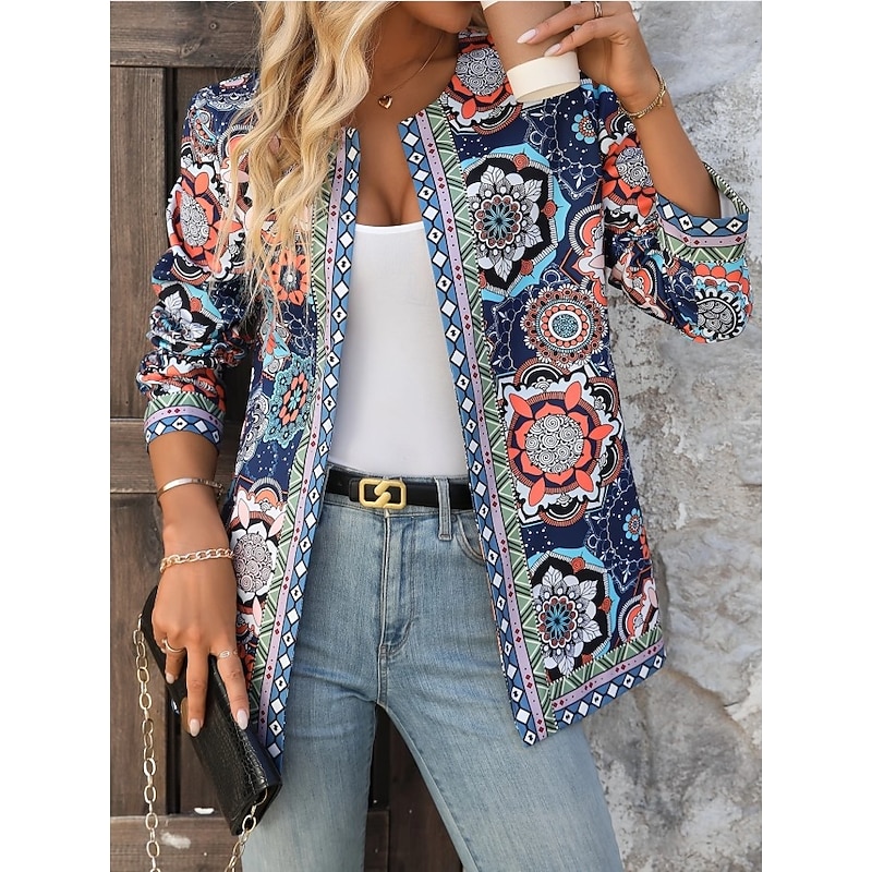 Women's Casual Jacket Lightweight Print Open Front Elegant Active Vintage Fashion Geometric Outdoor Vacation Party Work Regular Crewneck Regular Fit Long Sleeve Outerwear Blue Spring Fall