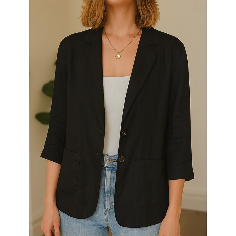 Women's Blazer Comfortable Breathable Pocket Casual Plain Office Street Casual Daily Wear Single Breasted Regular Turndown Regular Fit Long Sleeve Outerwear Black White Summer2