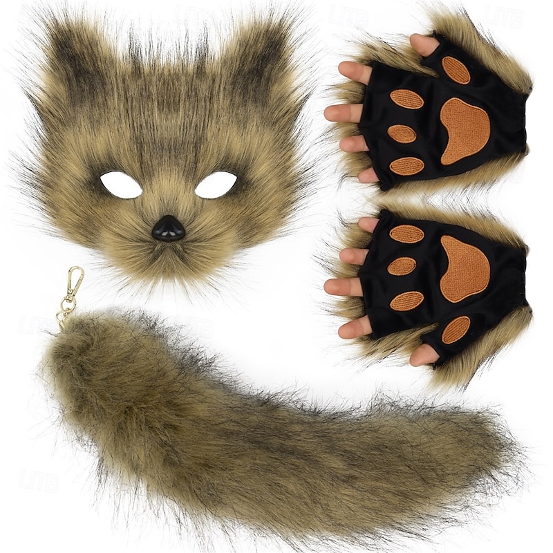 Furry Fox Mask Set with Gloves and Tail – Handmade Cosplay Accessories, Animal Mask, Tail, and Gloves for Halloween, Party, and Role Play3