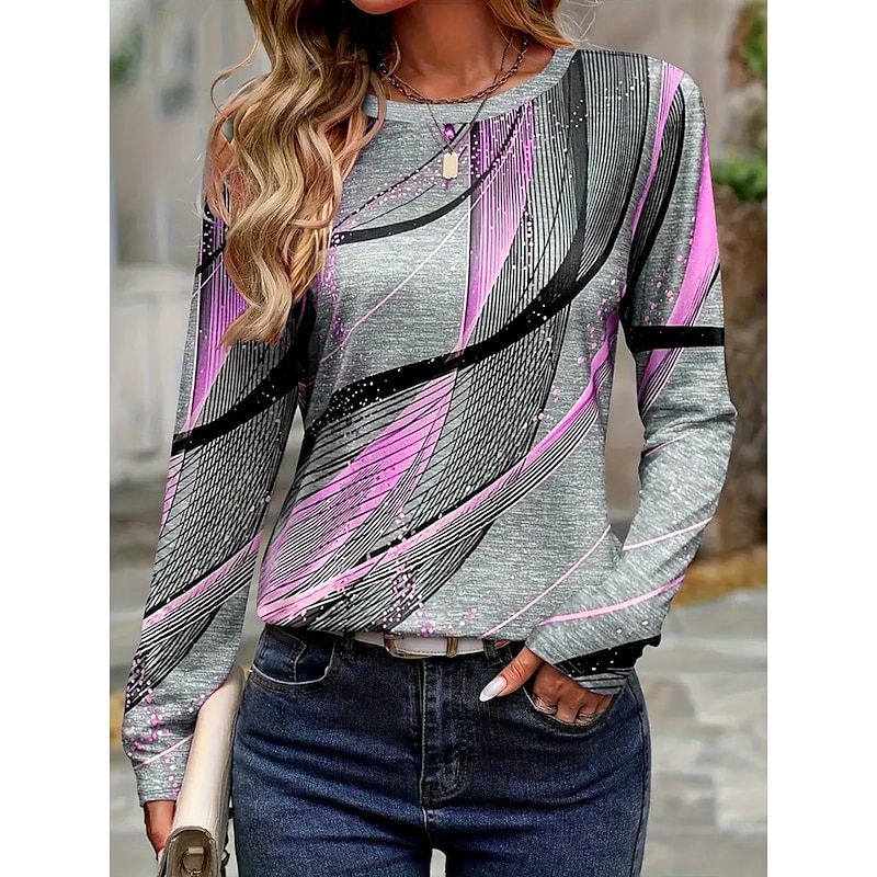 Women's T shirt Long Sleeve Crew Neck Long Sleeve Tunic Graphic Geometric Striped Vintage Stylish Round Neck Regular Tops Daily Print Purple Fall Prefall - Main Image