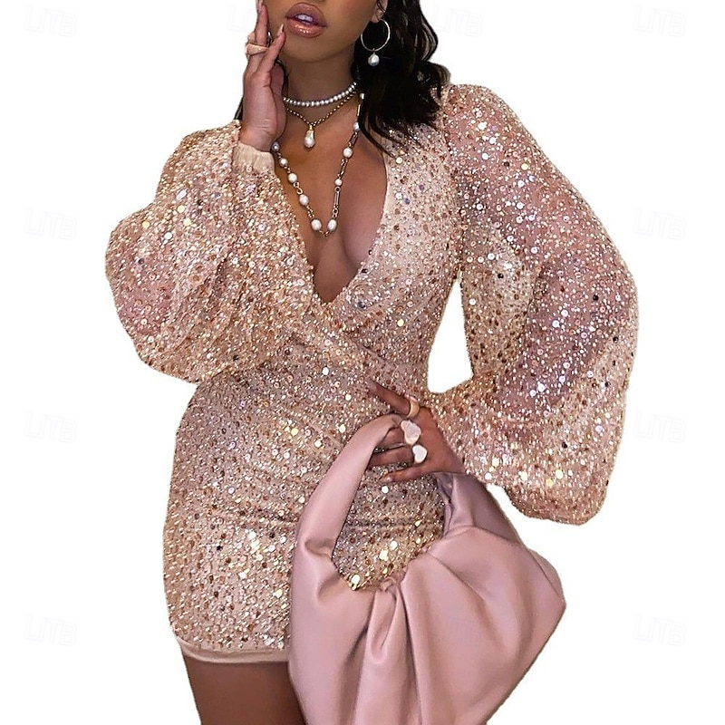 Women's Mini Dress Sequin Dress Cocktail Dress Elegant Dress Fashion Modern Evening Party Cocktail Party Regular Fit Plain Long Sleeve Deep V Black White Pink Gold Spring Fall4