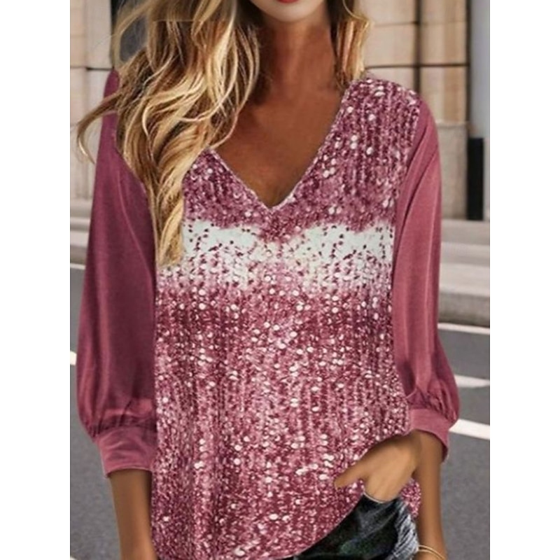 Women's Sequin Sparkly Party Glitter Sparkly Stylish Long Sleeve V Neck Regular Tops Daily Holiday Print Asymmetric Hem Silver Pink Blue Green Spring Fall