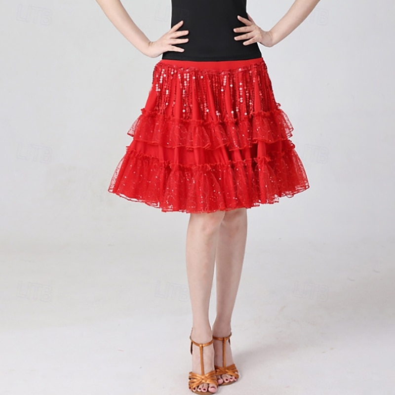 Latin Dance Skirts Pure Color Splicing Paillette Women's Performance Training High Polyester2