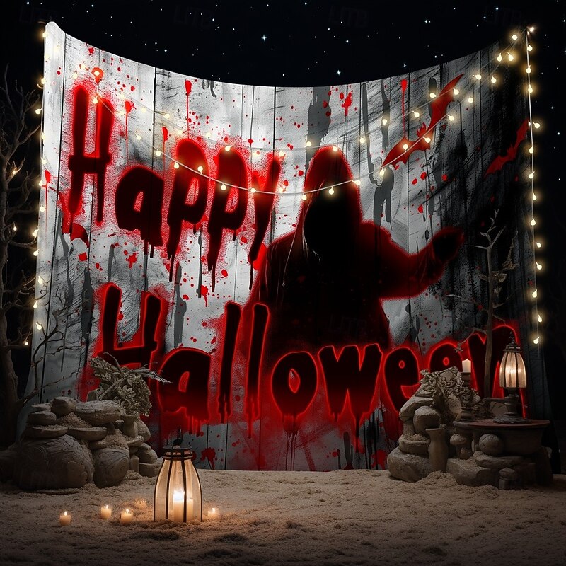 Halloween Horror Wall Tapestry – Shadow Figure with 'Happy Halloween' Blood Red Lettering, Creepy Path Scene, Gothic Backdrop for 2025 Halloween Living Room, Bedroom, Haunted House Decoration