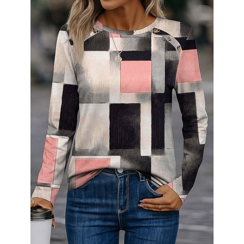 Women's Sweatshirts Graphic Geometric Vintage Classic Casual Long Sleeve Crew Neck Regular Tops Buttons Print Yellow Pink Wine Orange Spring Fall Winter3